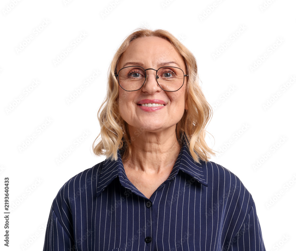 Fototapeta premium Portrait of happy mature woman with glasses on white background