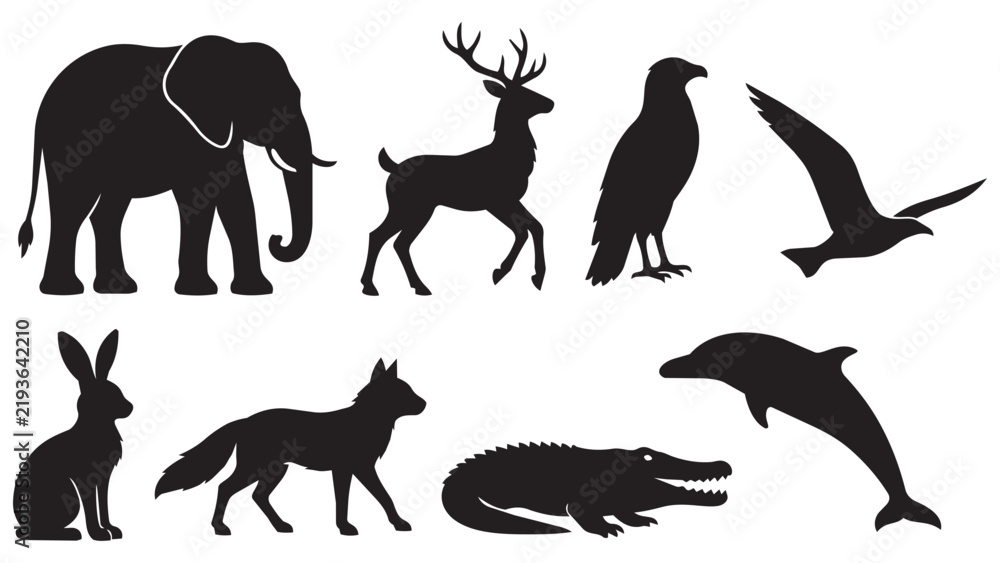 Obraz premium Black Silhouettes of Wild Animals and Creatures