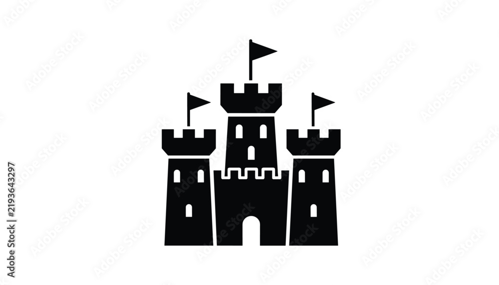 Obraz premium Black silhouette of a large medieval castle with three towers featuring flags and arched windows against a white background.