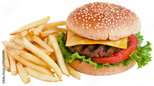 Obraz na plátně Isolated classic American cheeseburger with fries, delicious fast food meal, ready to eat