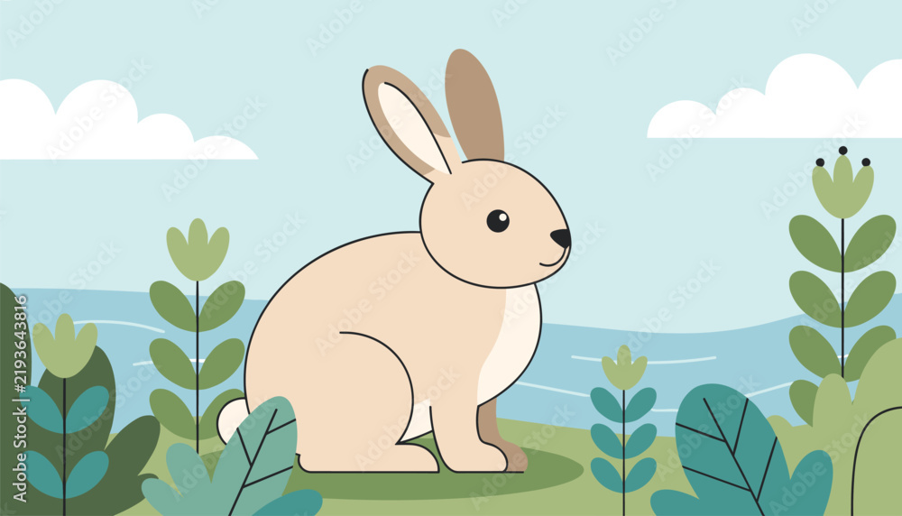 Fototapeta premium Cute brown rabbit sitting in a field of green bushes and flowers with a river and blue sky in the background scenery.