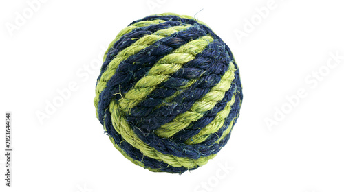 Cuadro en lienzo Isolated vibrant dark blue and lime green braided rope sphere, decorative nautical knot object