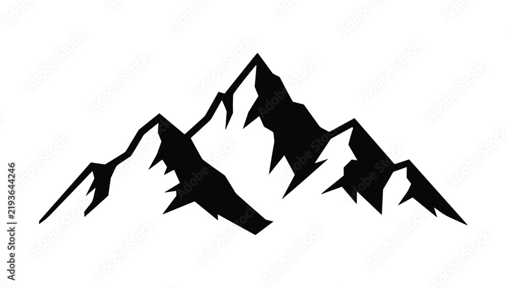 Fototapeta premium Silhouette of jagged mountain peaks stands against a plain white background representing adventure, hiking, and natural landscape heights.