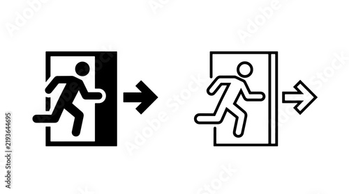 Minimalist exit sign icons showing running human figure escaping through doorway