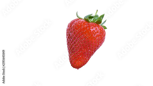 Фотография Isolated fresh red strawberry with green leaves, a single juicy sweet healthy fr