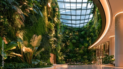 Interior of a hotel lobby features vertical gardens and modern design elements