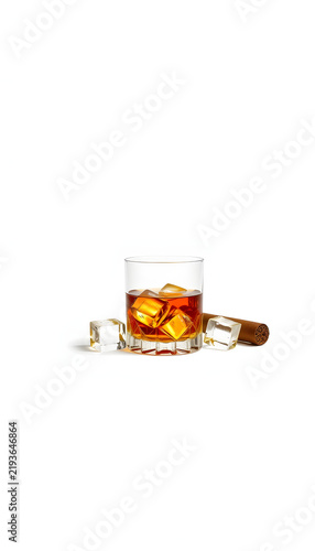 Whiskey with ice and cigar on white background. Long header banner format. Panorama website header banner. High quality photo, clipart style. White tone