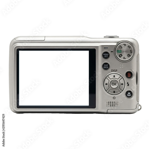 Silver digital compact camera featuring blank screen control buttons and modern sleek metallic finish on transparent background