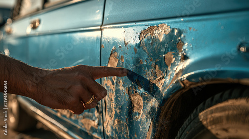 Car Damage Rust Paint Peeling Hand Pointing Vintage Vehicle Restoration Repair Body Corrosion Inspection