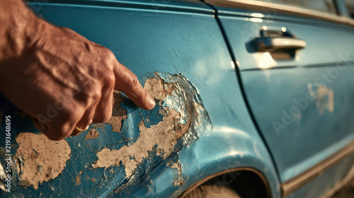 Car Damage Rust Paint Peeling Hand Pointing Vintage Vehicle Restoration Repair Body Corrosion Inspection