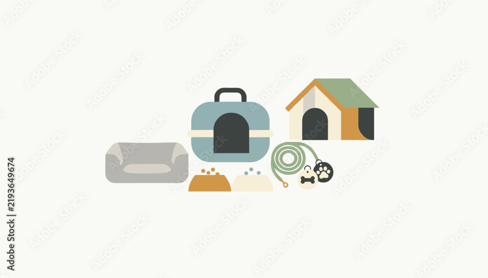 Fototapeta premium Flat design illustration of various pet supplies including a dog house, cat carrier, bed, bowls, leash, and ID name tags for animals.
