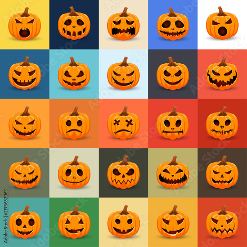 Set of Halloween Pumpkins on color background. The main symbol of the Happy Halloween holiday. Orange pumpkin with smile for your design for the holiday Halloween. Vector illustration.