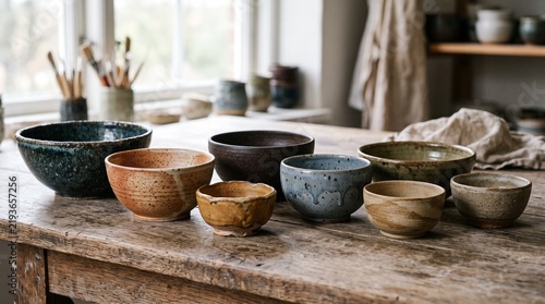   
Handcrafted ceramic bowls of varied sizes and earthy tones arranged on wooden surface, highlighting textures, finishes, and artisanal pottery craftsmanship.
