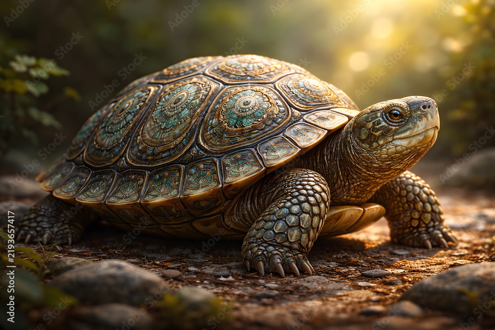 Obraz premium Detailed portrait of a tortoise resting on the ground in warm natural light.