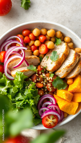 Buddha bowl dish with chicken fillet, chickpeas, tomatoes, red onion, fresh green salad and seed sesame. Healthy balanced eating. Top view, above, banner, blurry foreground. White tone