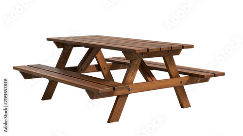 Konstfotografi Isolated sturdy wooden picnic table with attached benches, perfect outdoor garde