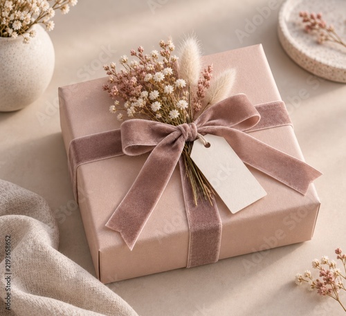 Elegant Pink Gift Box with Velvet Ribbon and Flowers