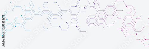 Hexagonal network pattern with blue to purple gradient lines, connected dots and geometric shapes on a white background
