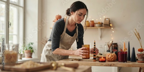 Woman crafting halloween candles at home, arranging autumn decorations on a wooden table, halloween theme, halloween celebration