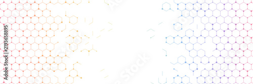 Hexagonal molecular grid pattern with gradient color transition from orange to blue on a white background