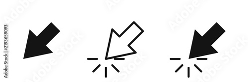 Set of black and white computer mouse cursor arrow icons, including solid and outline styles with clicking animation effects on a white background