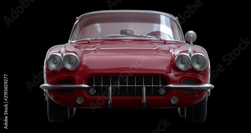3D red classic sports car shown from the front in a seamless speeding loop animation. 4K resolution with alpha channel, ideal for automotive, transportation and motion graphics projects.