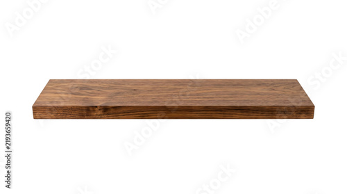 Polished dark walnut wood floating shelf displaying natural grain patterns and smooth surface on transparent background
