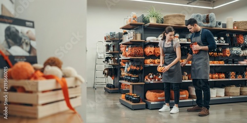Two employees arranging halloweenthemed pet supplies on shelves in a retail store, halloween theme, halloween celebration