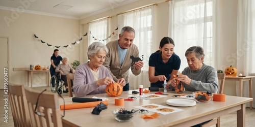 Seniors and caregiver crafting halloween decorations together in a community center, halloween theme, halloween celebration