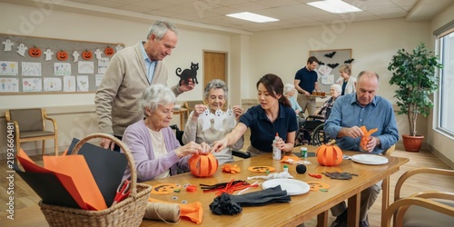Seniors and caregiver crafting halloween decorations together in a community center, halloween theme, halloween celebration