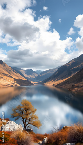 Dramatic mountain lake - Wasdale, Lake District, Cumbria, UK, flat design. White tone