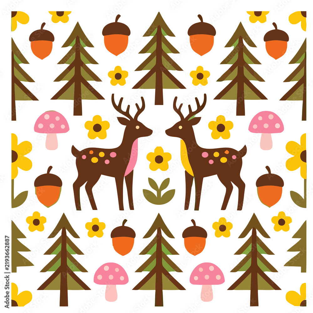 Fototapeta premium Deer and forest elements pattern