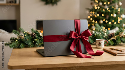 Laptop gift wrapped with a red ribbon on a holiday table setting  
