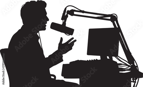 Podcast Host Talking into Microphone with Computer Silhouette
