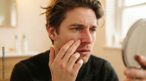 Concerned Young Man Examining Red Irritated Skin on Face While Looking in Mirror at Home