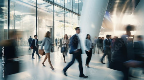 crowd of business people walking and talking in a modern company office. Geometric pattern and skyscrapers foreground. Toned image double exposure mock up blurred