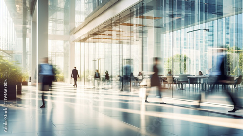 crowd of business people walking and talking in a modern company office. Geometric pattern and skyscrapers foreground. Toned image double exposure mock up blurred