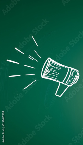 megaphone drawn on blackboard for announce background, Dynamic motion. White tone