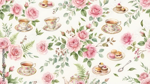 Watercolor seamless pattern with pink roses tea cups and pastries
