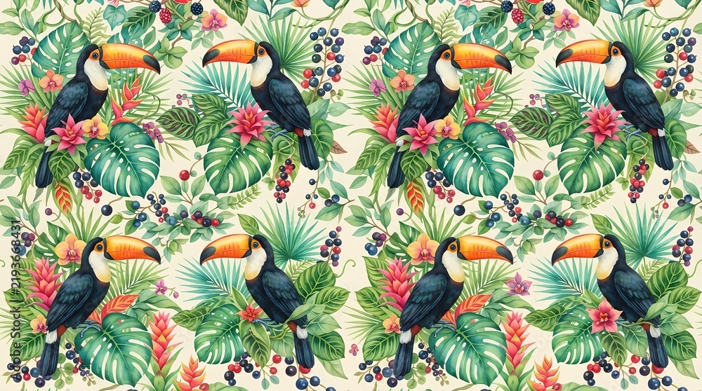 Fototapeta premium Watercolor seamless pattern with toucans and tropical jungle foliage
