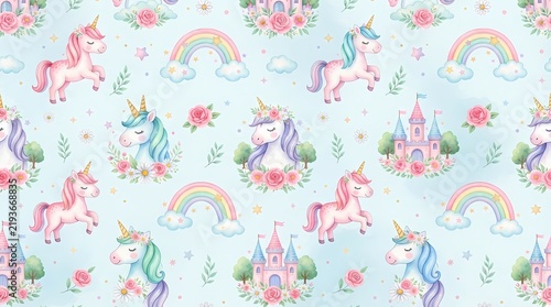 Seamless pattern with watercolor unicorns rainbows and castles on blue