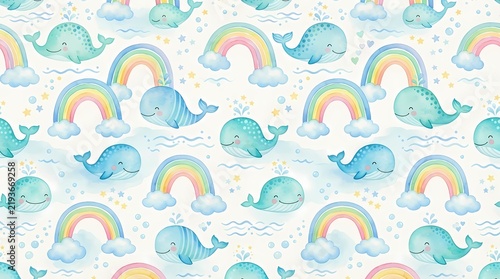 Watercolor seamless pattern with cute blue whales and rainbows on white