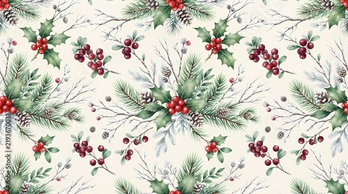 Watercolor Christmas pattern with holly leaves and red berries on white