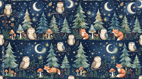 Seamless pattern with watercolor owls and foxes in a dark forest at night