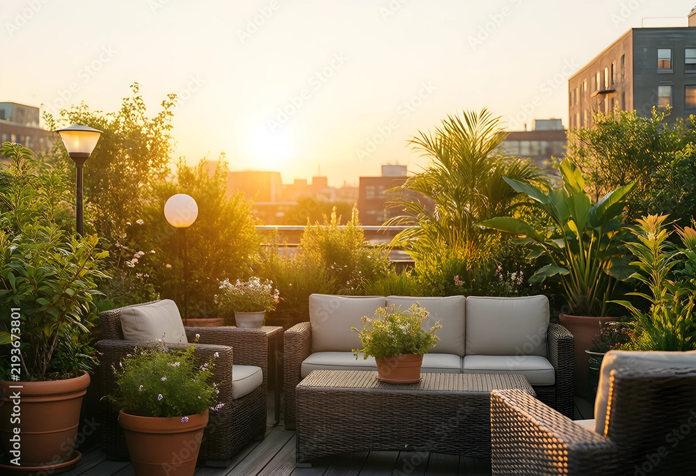 Fototapeta premium Urban rooftop garden lifestyle, outdoor lounge area with wicker furniture and potted plants at sunset for relaxation and city living home improvement