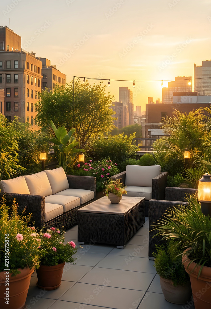 Obraz premium Urban rooftop garden lounge at sunset, luxury outdoor living space with patio furniture and city skyline view for real estate and lifestyle marketing