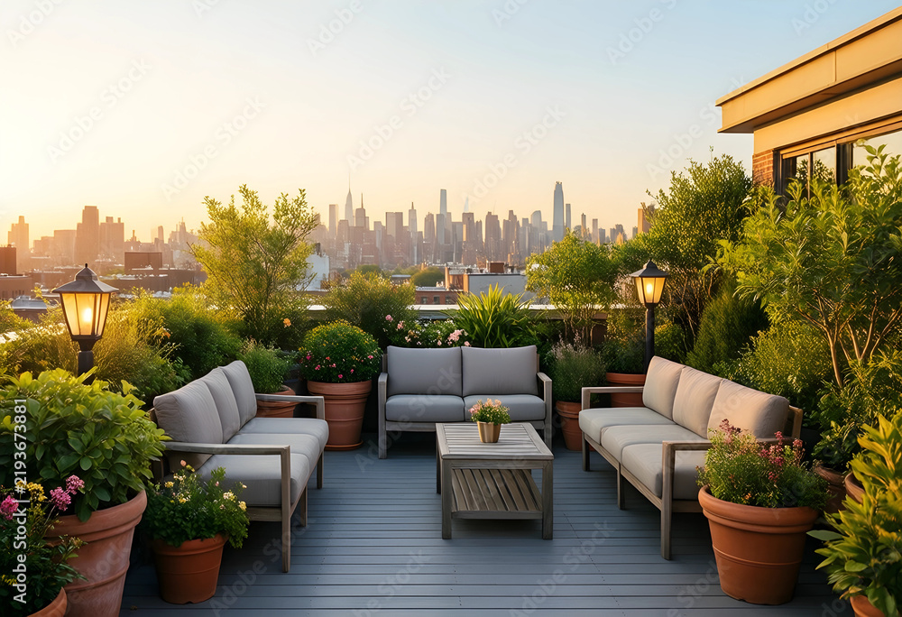 Fototapeta premium Urban lifestyle and luxury living, rooftop terrace garden with comfortable outdoor furniture overlooking a city skyline at sunset for real estate