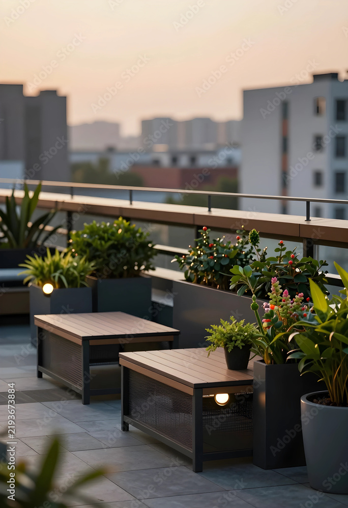Obraz premium Urban balcony garden and outdoor living, modern rooftop terrace with potted plants and ambient lighting at sunset for relaxation and city lifestyle