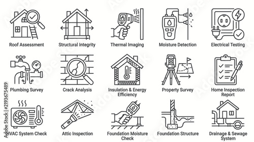 Residential property survey and structural maintenance icon set.