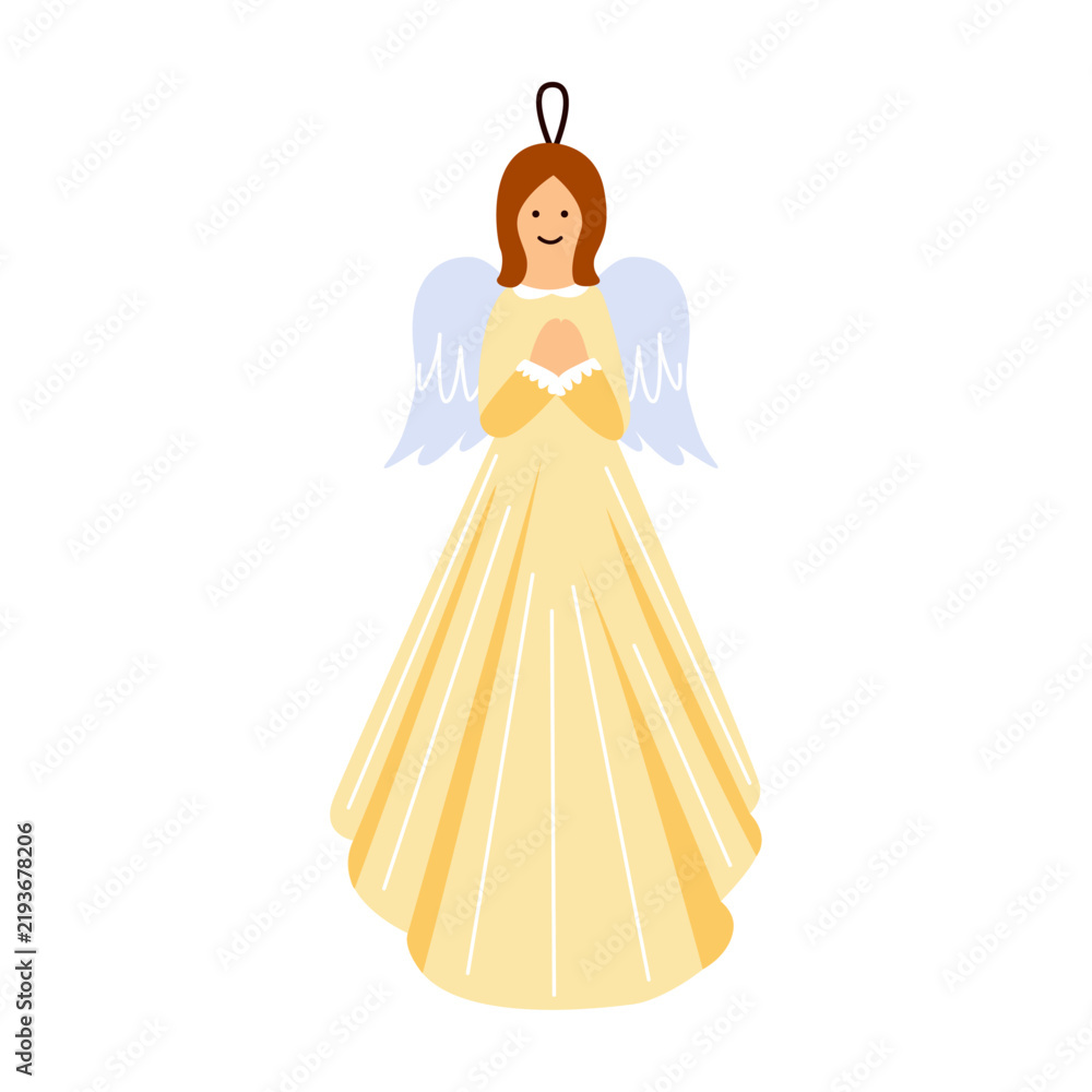 Fototapeta premium Hanging angel ornament with wings and yellow dress. Christmas decor. 